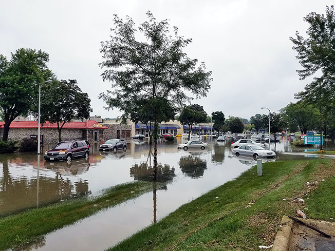 A flooded street in an urban area