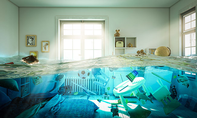 Flood damage in a child’s bedroom